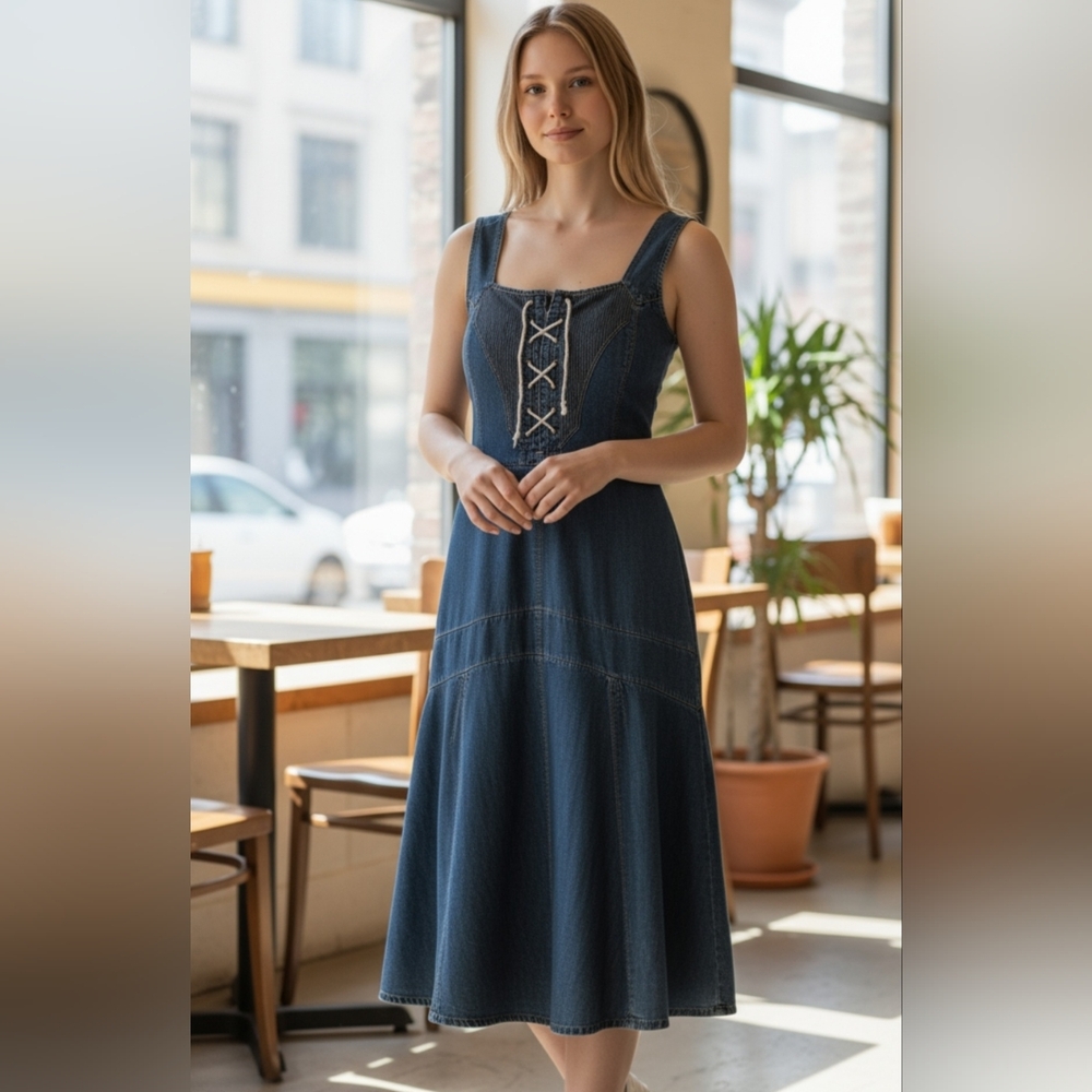 Ralph Lauren 90 Style Dark Blue Lace-Up Denim Midi Dress. Size 6, Fits Bigger